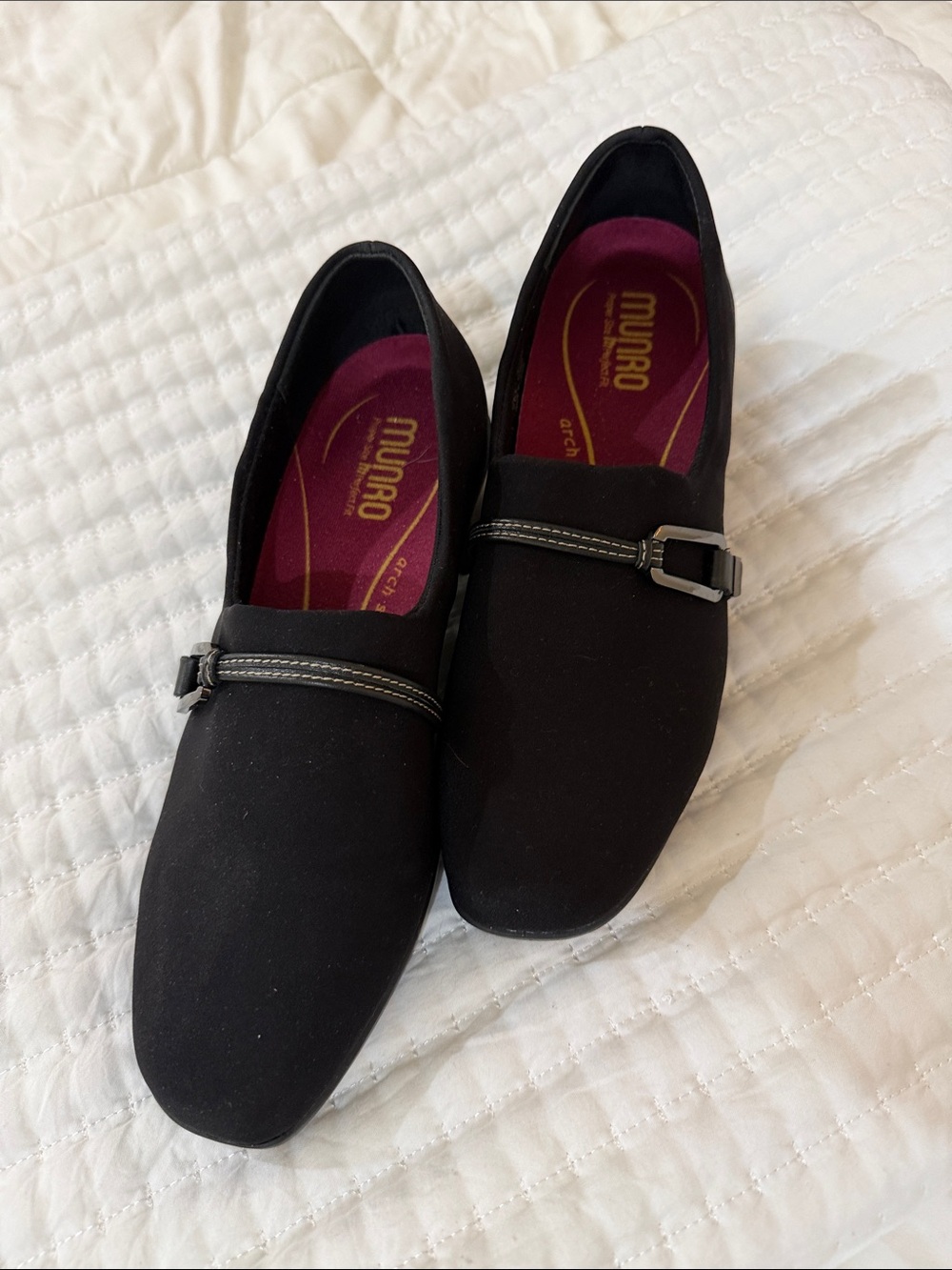 Munro womens Black Slip-On Loafers with Buckle Accent
